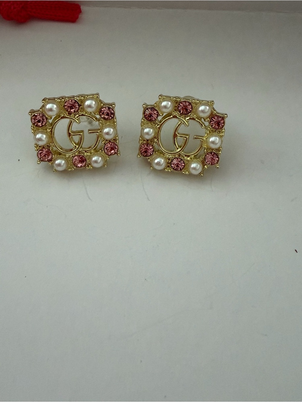 Gold-Tone Pink Crystal & Pearl GG Stud Earrings, fashion jewelry
